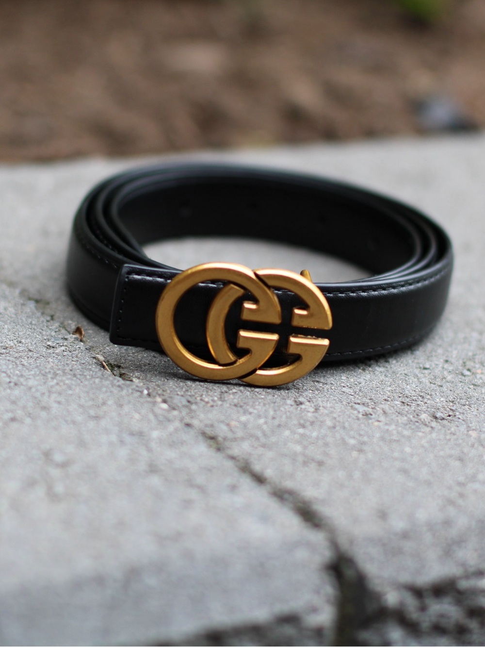 Black Leather Belt with Gold Double G Logo Buckle